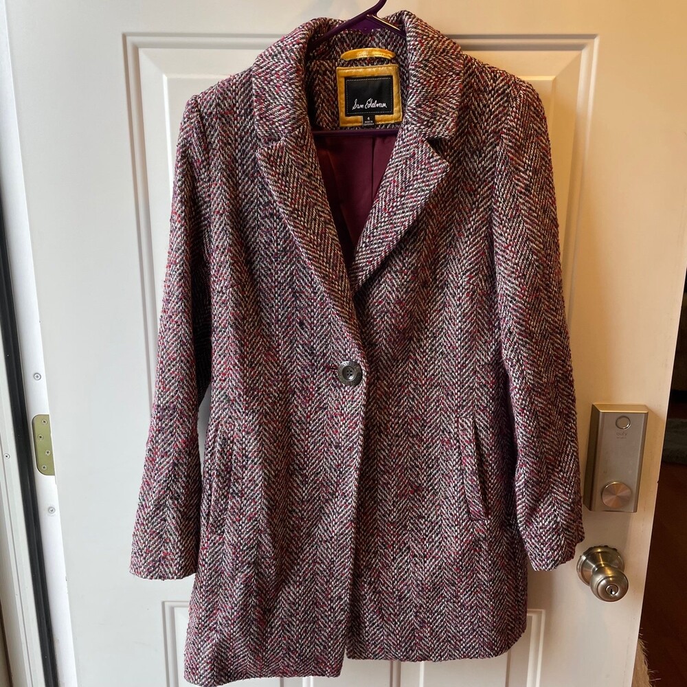 Sam Edelman Pink Tweed Reefer Jacket Raspberry Lining Wool Blend Coat Sz. 4